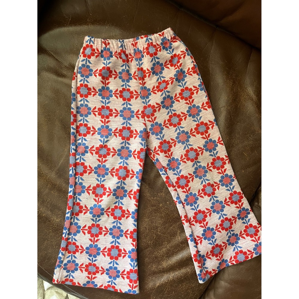 Vintage Health-tex Kids Floral Bell Bottom Pants Red Blue Retro 70s Made in USA